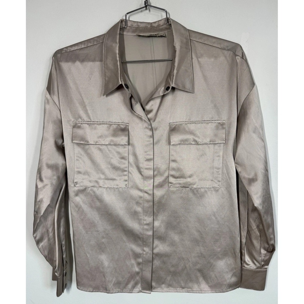 Go By Go Silk Womens M Silk Blend Long Sleeve Button Up Pocket Shirt Peplum Back